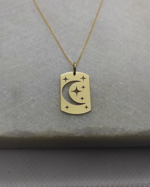 14Kゴールド天体ネックレス：月と星の彫刻ペンダント - Etsy 日本