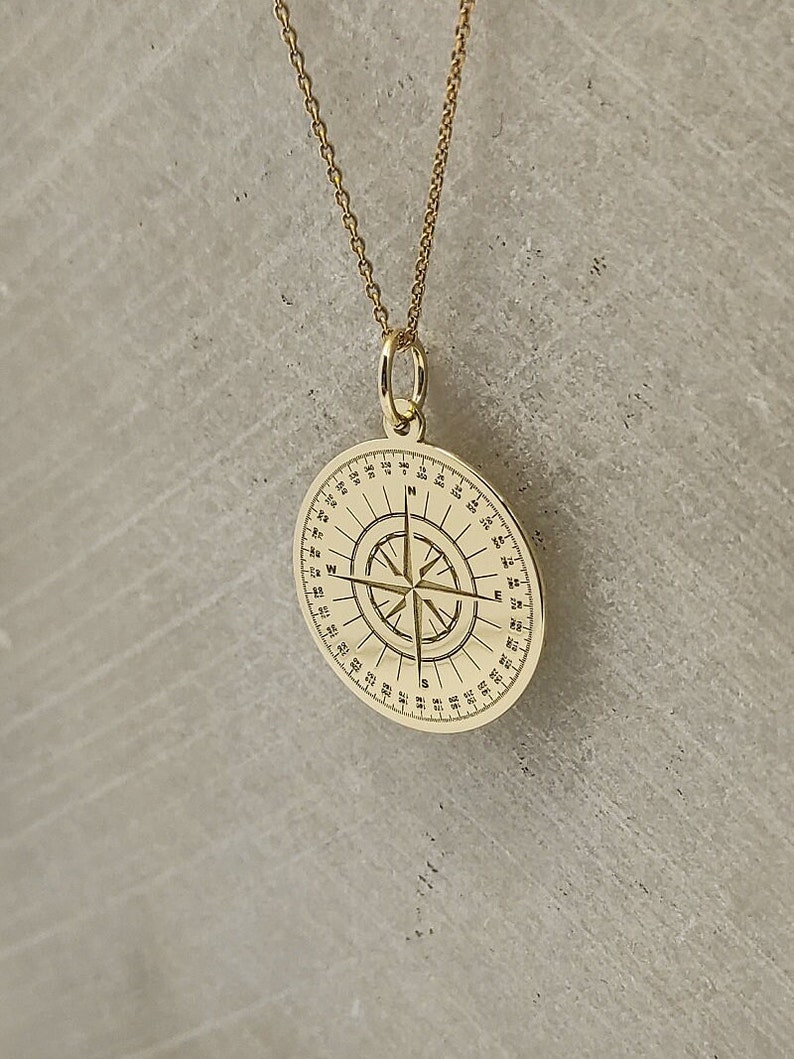 14K Solid Gold Compass Necklace Engraved Compass Jewelry Etsy