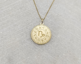 14K Solid Gold Capricorn Zodiac Pendant Necklace, Personalized Charm