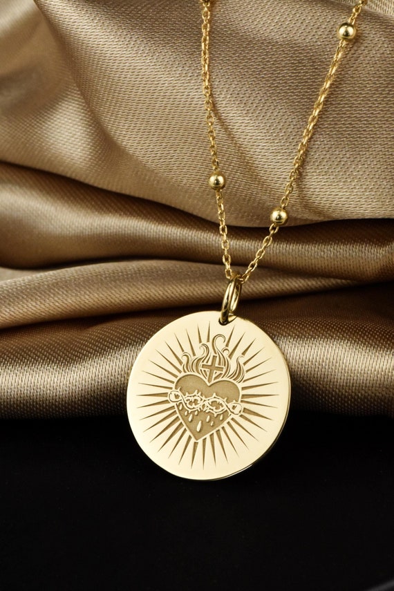 14Kゴールド イエスの聖心と聖母マリアの真っ白な心 リバーシブルメダルペンダント 認定14Kゴールド聖母マリアの奇跡のメダル カトリックチャーム