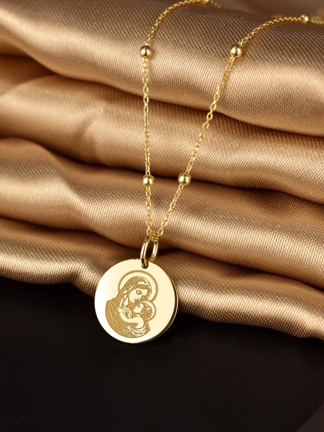14K Solid Gold Virgin Mary Pendant Necklace: Catholic Religious Jewelry ...