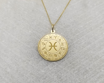 14K Solid Gold Pisces Halskette, Sternzeichen Anhänger