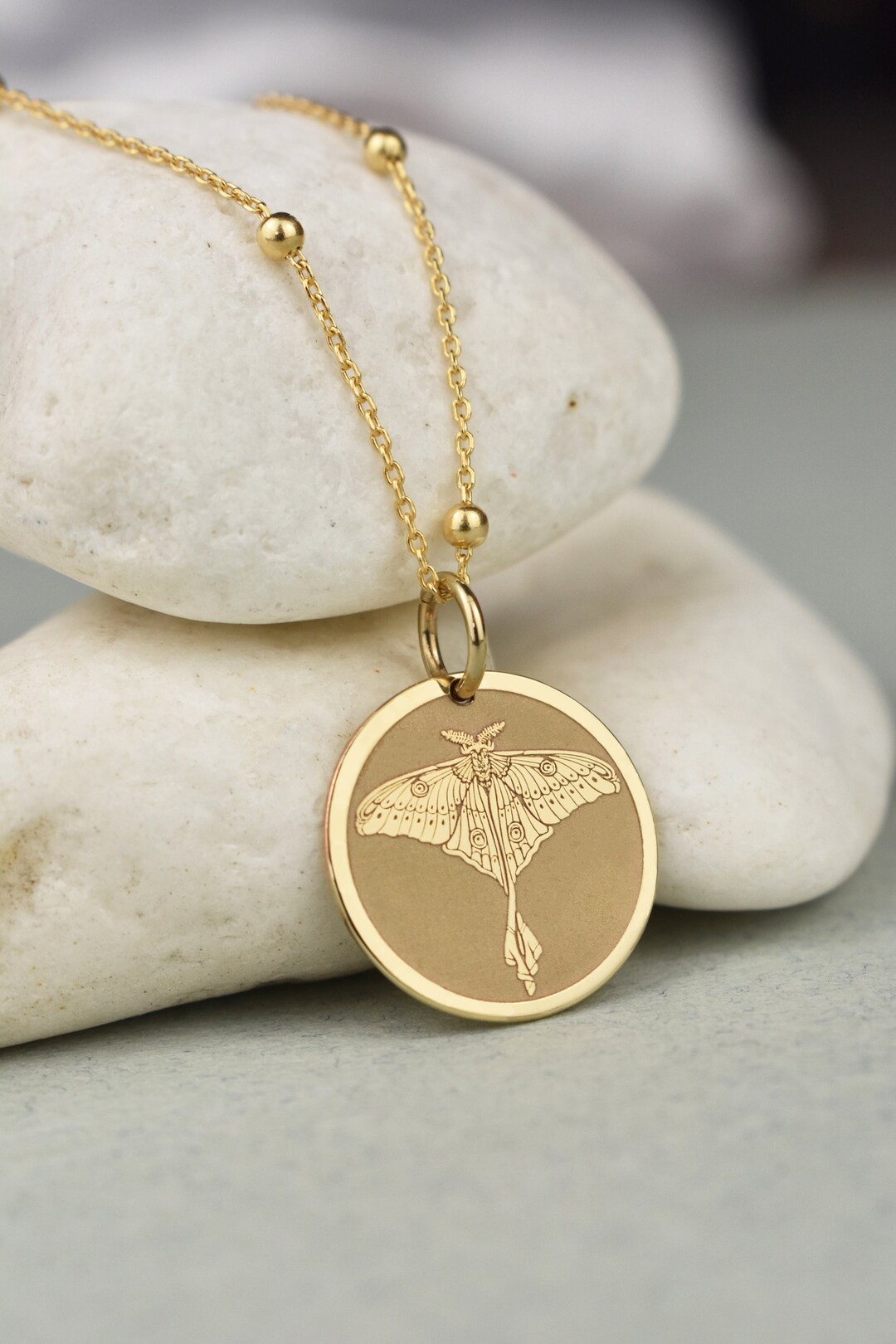 Moth Chain 14K Solid Gold Moth Necklace, Gold Engraved Moth Disc Charm ...