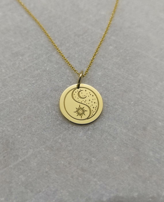 14K Gold Celestial Sun Moon Necklace, Engraved Charm, Personalized Gift