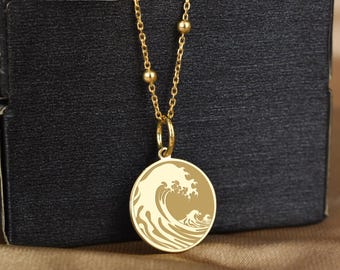 14K Solid Gold Waves Halskette: Silberanhänger mit Gravur, Surfer Geschenk