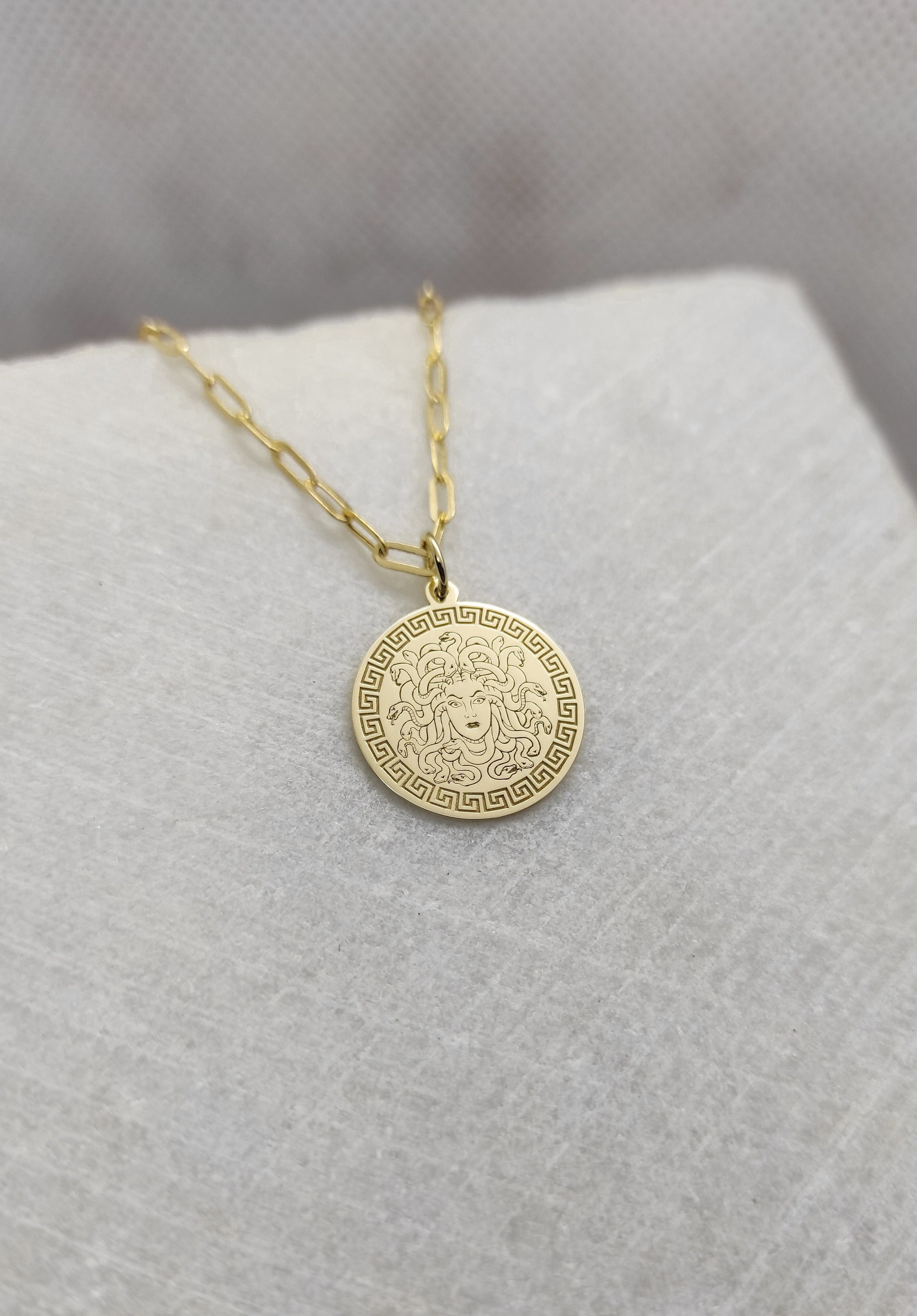 14K Gold Medusa Necklace Greek 