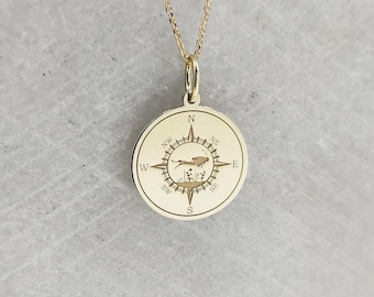 14K Solid Gold Diver Compass Necklace: Personalized Scuba Pendant