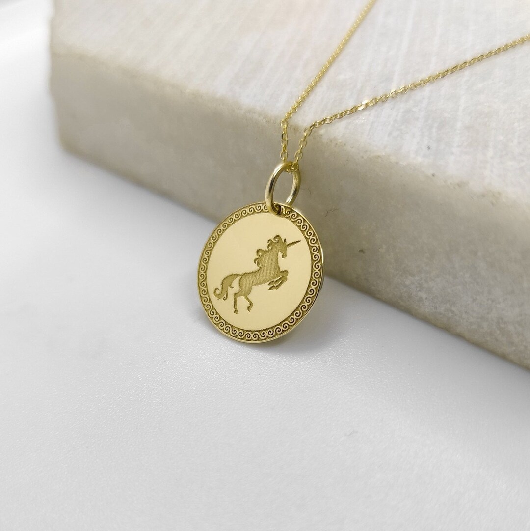 14K Solid Gold Unicorn Pendant, Gold Disc Unicorn Necklace, Personalized Unicorn Charm, Mythical