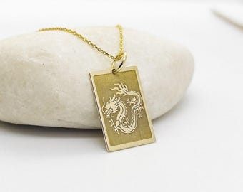 14K Gold Dragon Pendant Necklace: Engravable Chinese Charm