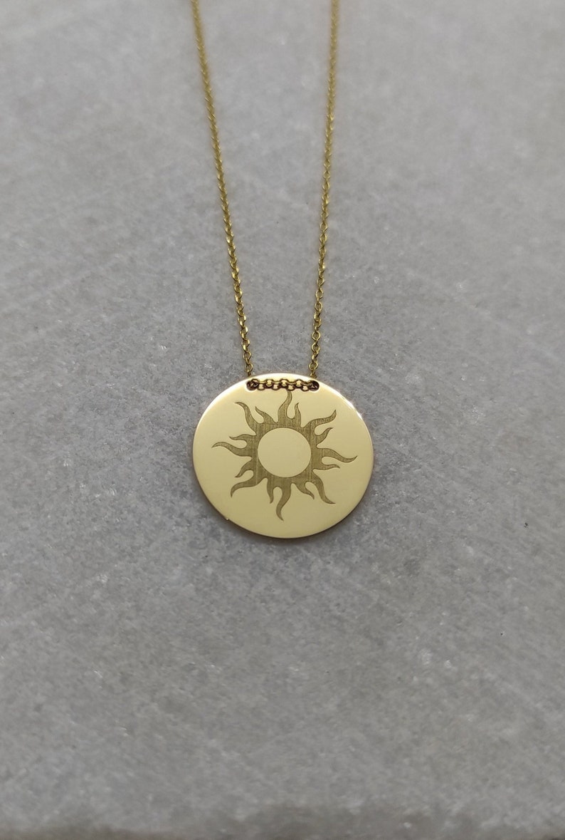 9K Solid Gold Sun Pendant, Sun Rays Disc Necklace, Personalized Sunburst Jewelry, Engraved Sunshine Charm, Celestial Pendant, Sun Necklace image 1