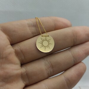9K Solid Gold Sun Pendant, Sun Rays Disc Necklace, Personalized Sunburst Jewelry, Engraved Sunshine Charm, Celestial Pendant, Sun Necklace image 4