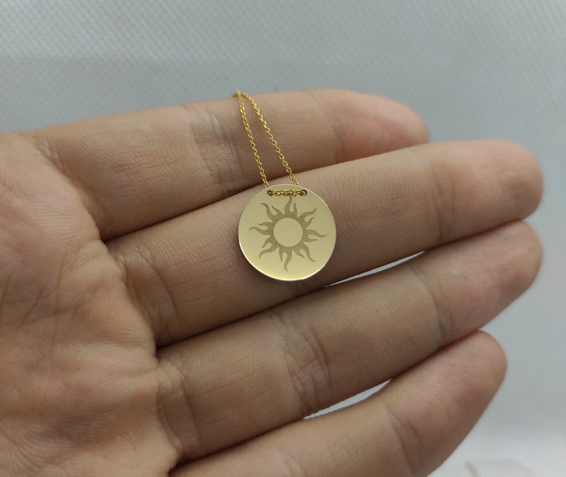 9K Solid Gold Sun Pendant, Sun Rays Disc Necklace, Personalized Sunburst Jewelry, Engraved Sunshine Charm, Celestial Pendant, Sun Necklace image 4