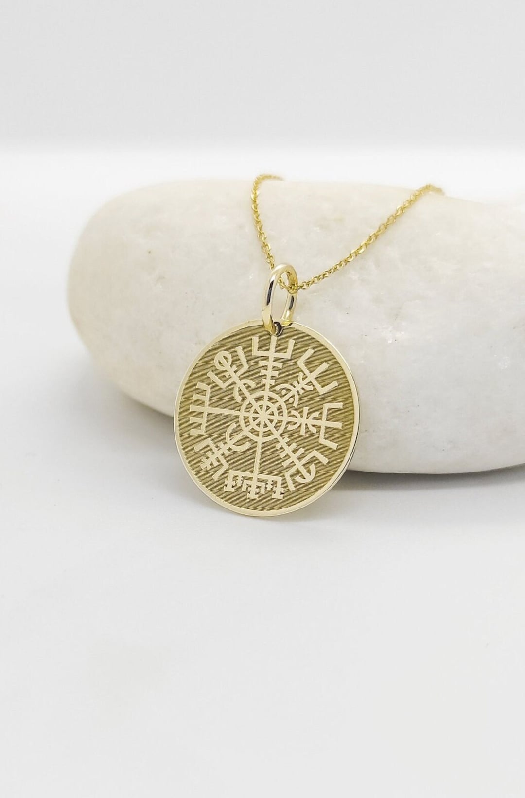 14K Solid Gold Viking Compass Necklace, Gold Coin Vegvisir Compass