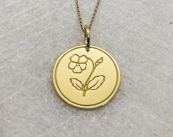 9K Solid Gold Violet Flower Pendant: Engraved Birth Month Charm