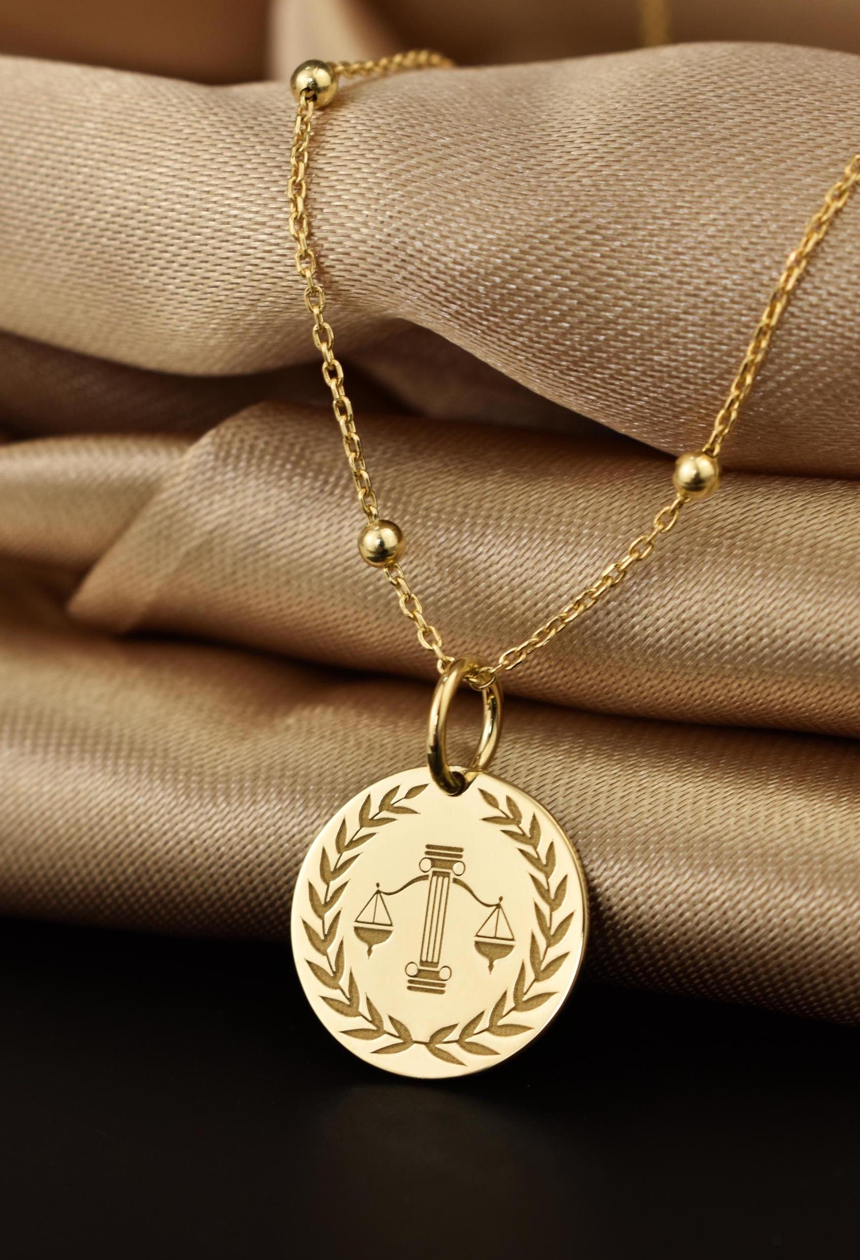 14K Solid Gold Justice Scale Necklace, Scale of Justice Charm, Personalized Justice Symbol Pendant, Lawyer Medallion, Gift for Law Graduate