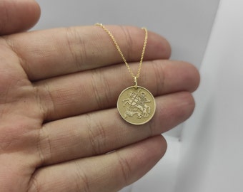 9K Real Solid Gold Saint George Jewelry, Dainty Religious Disc Pendant, Personalized Saint George Coin Necklace, Gold Saint George Charm