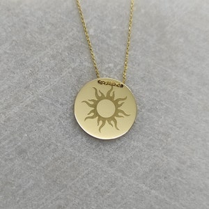 9K Solid Gold Sun Pendant, Sun Rays Disc Necklace, Personalized Sunburst Jewelry, Engraved Sunshine Charm, Celestial Pendant, Sun Necklace image 3