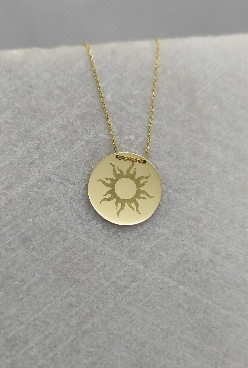 9K Solid Gold Sun Pendant, Sun Rays Disc Necklace, Personalized Sunburst Jewelry, Engraved Sunshine Charm, Celestial Pendant, Sun Necklace image 3