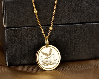 14K Solid Gold Seagull Necklace: Engraved Ocean Bird Jewelry