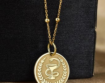 14 kt gouden apothekersketting: medische hanger kom met hygeia