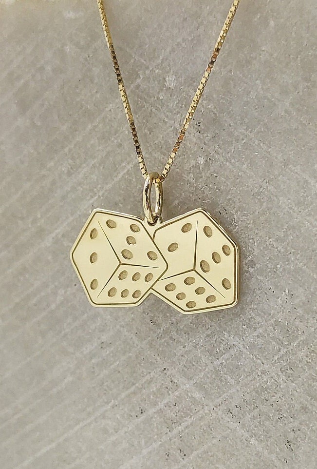 14K Solid Gold Dice Pendant Necklace Lucky Gamble Charm
