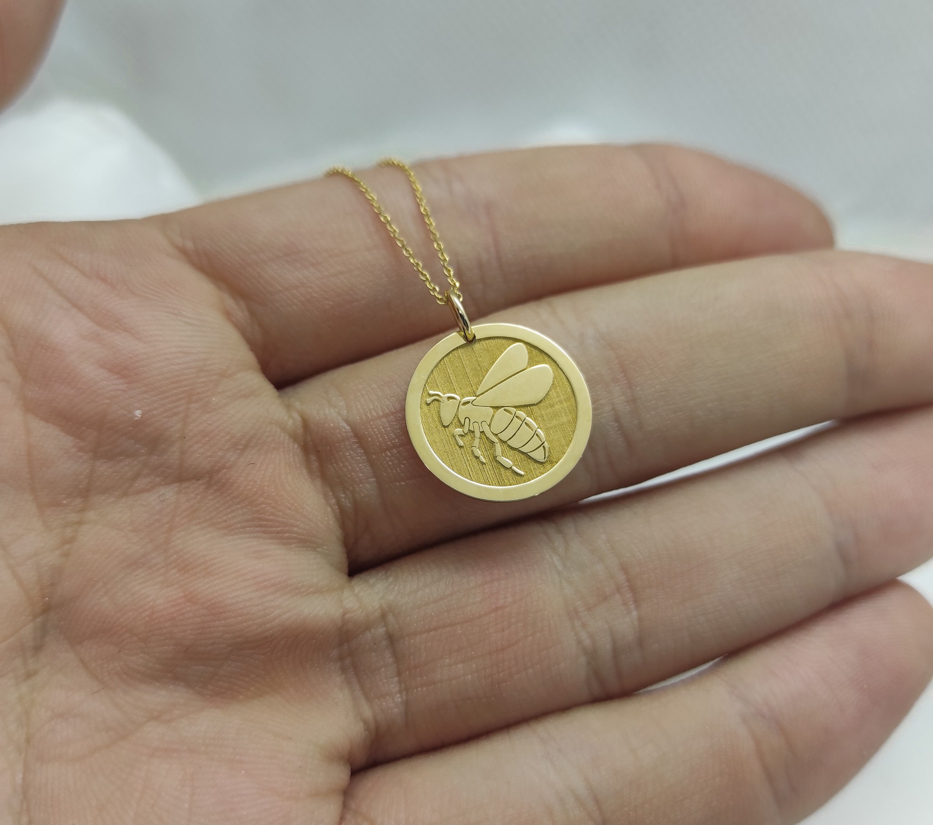 14K Solid Gold Bee Pendant Engraved Bee Necklace Dainty Bee Etsy