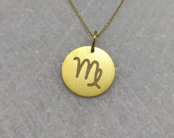 Collar del zodiaco Virgo en oro de 14 quilates con dije grabado personalizado