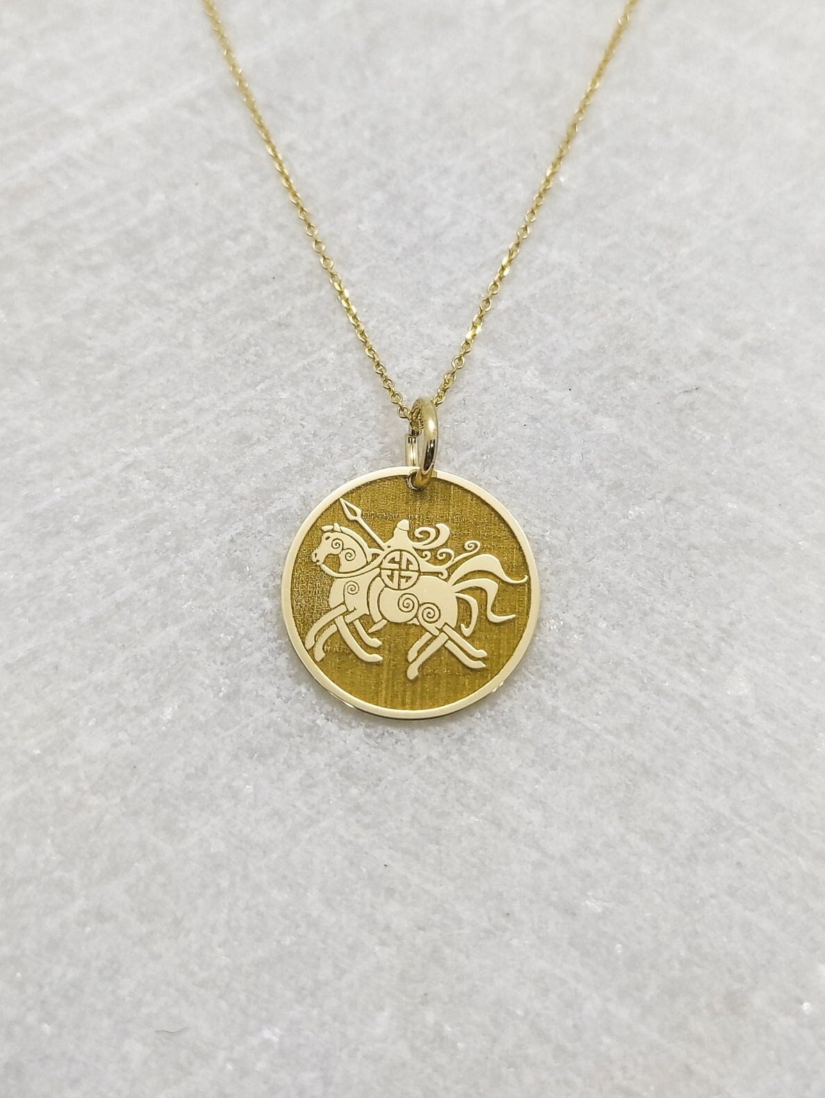 9K Real Solid Gold Viking Sleipnir Necklace, Dainty Norse Mythology Coin Jewelry, Personalized Odins Horse Disc Charm, Gold Viking Pendant