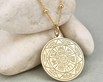 14K Gold Seven Archangels Seal Necklace: Engraved Solomon Disc Pendant