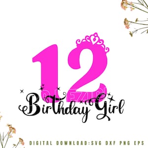 Prinses 12e verjaardag SVG, 12 jaar oude verjaardag meisje SVG, Cricut, CutFile, silhouet, lagen, digitale download: ZipFolder Svg Dxf Eps Png