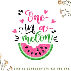 Peut inclure: Une tranche de pastèque rose et verte avec le texte "One in a melon" en écriture cursive noire. Il y a des cœurs roses et des points noirs autour du texte.