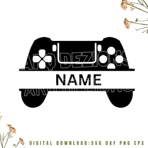 以下が含まれることがあります： 中央に「NAME」という文字が入った、黒と白のビデオゲームコントローラーのシルエット。