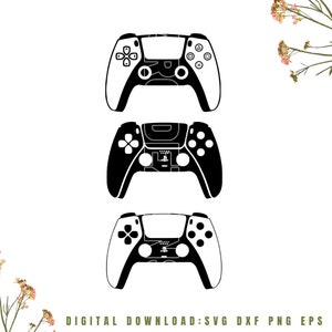 Może przedstawiać: Trzy czarno-białe ilustracje kontrolera PlayStation 5. Górny kontroler jest biały z czarnymi przyciskami, środkowy kontroler jest czarny z białymi przyciskami, a dolny kontroler jest biały z czarnymi przyciskami.