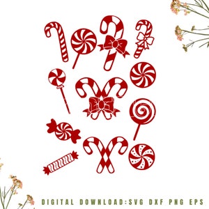 May include: A set of red candy cane and lollipop SVG cut files. The design includes a variety of candy cane and lollipop shapes, including swirl, striped, and candy cane with a bow.