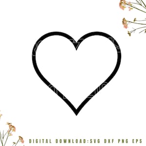 Pode incluir: Um contorno preto em forma de coração sobre um fundo branco. A imagem inclui o texto "DIGITAL DOWNLOAD: SVG DXF PNG EPS" em verde na parte inferior. Elementos florais nos cantos.