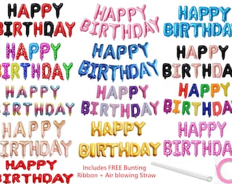 May include: A set of 12 colorful foil balloons spelling out "Happy Birthday". The balloons are in various colors, including red, blue, pink, gold, and silver. The set also includes a roll of ribbon, a straw for inflating the balloons, and a roll of tape.