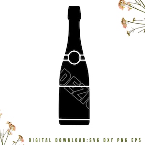 Könnte beinhalten: Eine schwarze Silhouette einer Champagnerflasche mit goldenem Verschluss und Etikett. Die Flasche steht aufrecht auf weißem Hintergrund.