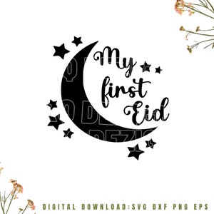 May include: Black and white design of a crescent moon with stars and the text "My first Eid".
