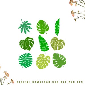 May include: A set of nine green and yellow tropical leaf silhouettes. The leaves are in various shapes and sizes, including monstera, palm, and fern.