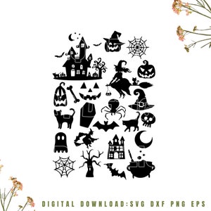 Puede incluir: Una descarga digital en blanco y negro de clipart con temática de Halloween. El clipart incluye una casa encantada, una bruja, una araña, un gato, un fantasma, una calabaza, un caldero, un murciélago, un árbol, un hueso, una calavera, una luna creciente y una telaraña.