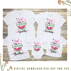 En i en melon familjepaket Svg, en i en melon första födelsedag, vattenmelon Svg, vattenmelonskjorta Design svg, 1 xZip mapp Svg Dxf Eps Png