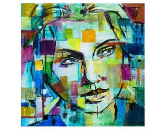 Painting woman portrait abstract green blue colorful wall art modern artwork portrait to hang on wall minimalist