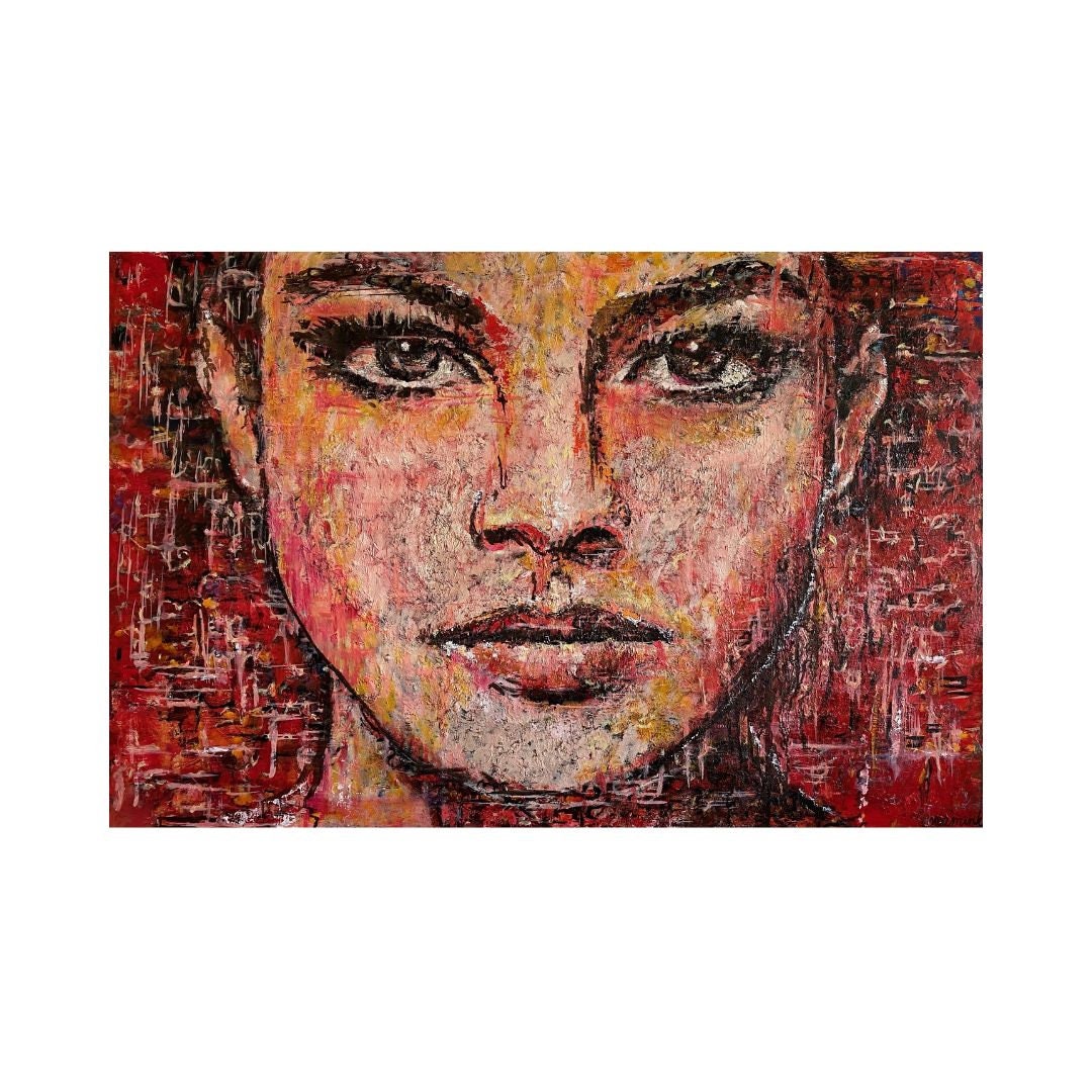 Painting of Woman's Face, Romy Schneider, Wall Art, Large Red Modern