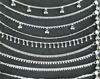 Traditional Indian Ethnic Silver Anklets, Indian Anklet with Vintage Bells for Women Silver