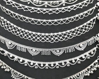 Tobilleras de plata étnicas indias tradicionales, tobilleras indias con campanas vintage para mujer plata