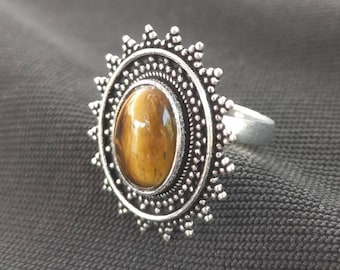 Tijgeroogsteen zilveren ring, verstelbare ring, traditionele Indiase ring