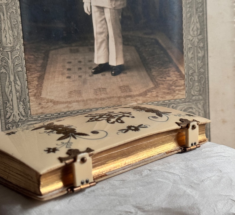 Pu&ograve; includere: Un libro vintage color avorio con bordi dorati e motivi floreali marrone scuro. Il libro &egrave; assicurato con piccole chiusure color crema. Lo sfondo presenta una fotografia in bianco e nero incorniciata.