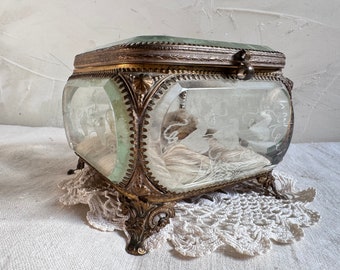 Large antique 19th century French beveled and engraved glass jewelry box or display vitrine case.