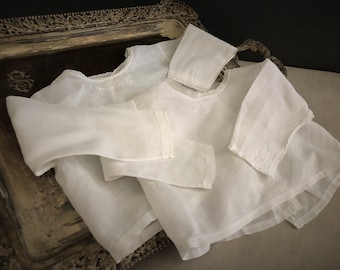 Pair of antique extrafine white batiste baby toddler clothes, made entirely by hand