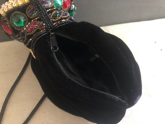 Vintage Black  bucket Velvet Beaded bag w/metal d… - image 8